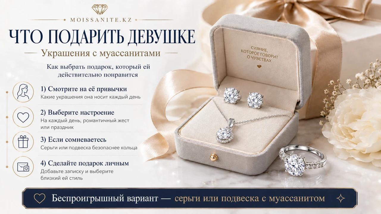 Украшения с муассанитами в подарочной коробке и советы по выбору подарка девушке