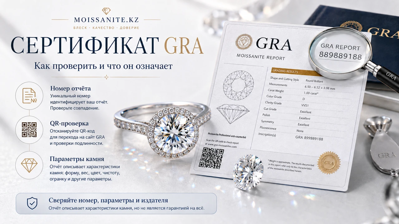 Сертификат GRA на муассанит с номером отчёта, QR-кодом и параметрами камня